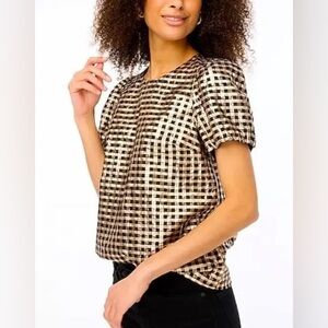 J. Crew Metallic Gold and Black Puff Sleeve Top with Bow Tie Back